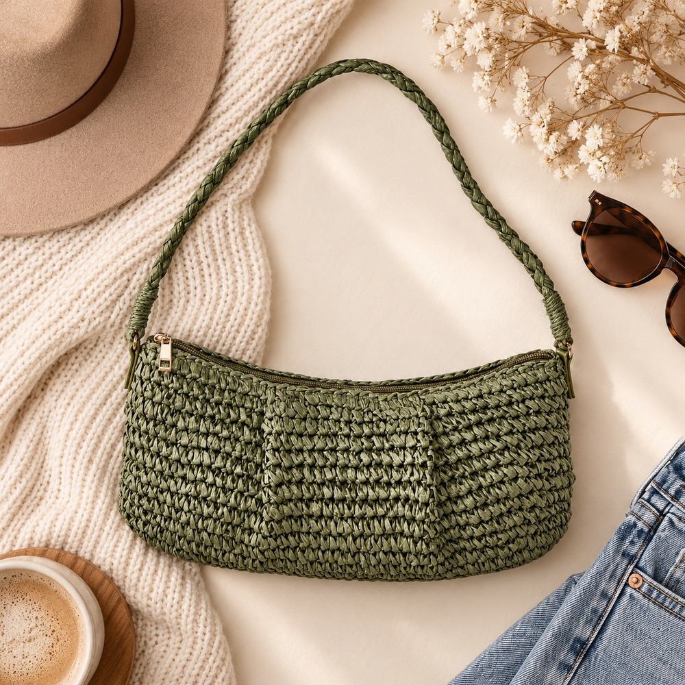 A New Day Women Olive Green Straw Crochet Shoulder Bag Baguette Zipper Closure - Picture 2 of 4
